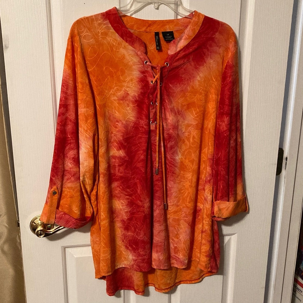 new directions Orange & Red Lace-Up Tunic